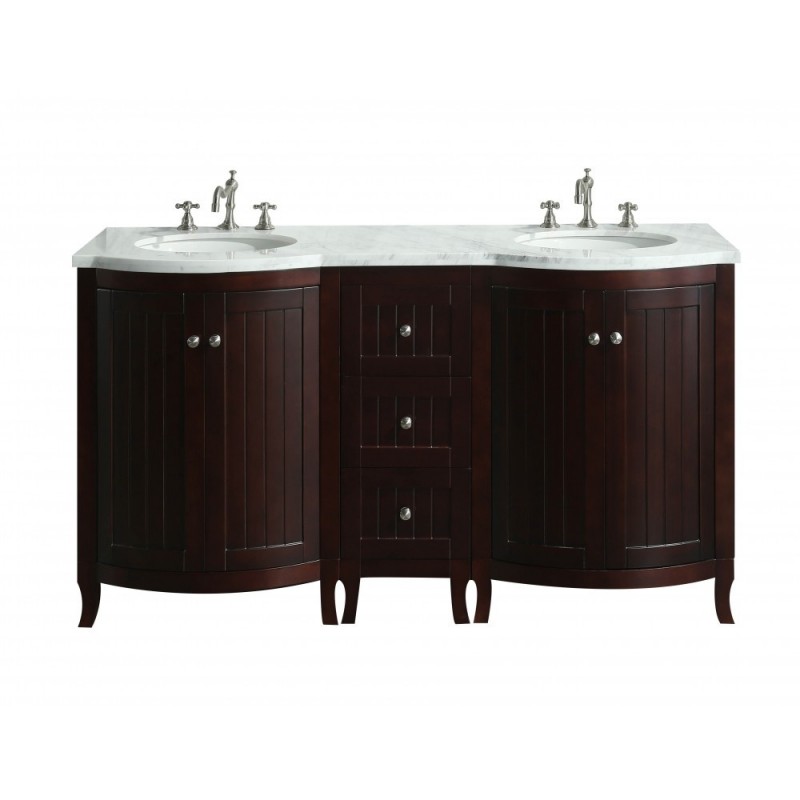 Eviva Odessa Zinx+? Dark Teak 60" Bathroom Vanity with White Carrera Marble Counter-top and Porcelain Sink