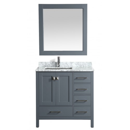 London 36" Vanity in Gray with Marble Vanity Top in Carrera White with White Basin and Mirror
