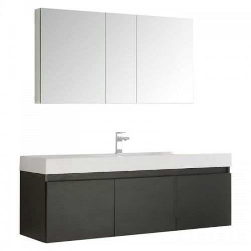 Fresca Mezzo 60" Black Wall Hung Single Sink Modern Bathroom Vanity w/ Medicine Cabinet