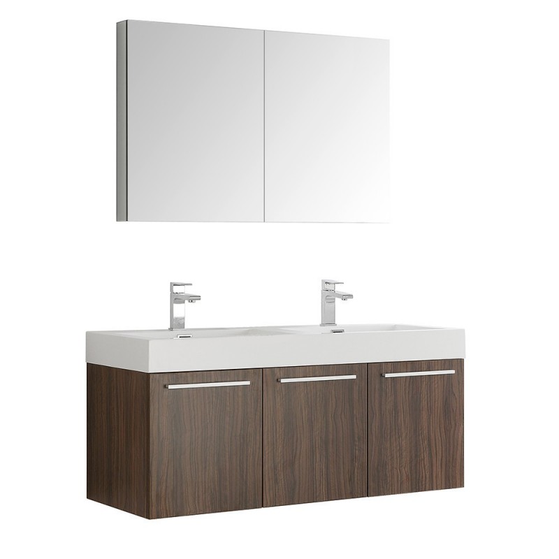 Fresca Vista 48" Walnut Wall Hung Double Sink Modern Bathroom Vanity w/ Medicine Cabinet