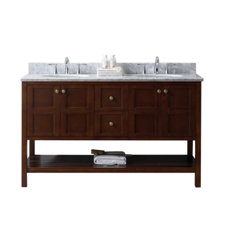 Winterfell 60" Double Bathroom Vanity in Cherry with Marble Top and Round Sink