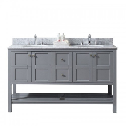 Winterfell 60" Double Bathroom Vanity in Grey with Marble Top and Round Sink with Mirror