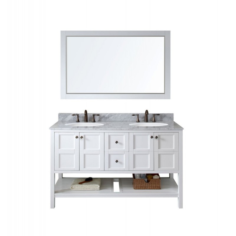Winterfell 60" Double Bathroom Vanity in White with Marble Top and Round Sink with Mirror