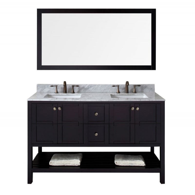 Winterfell 60" Double Bathroom Vanity in Espresso with Marble Top and Square Sink with Polished Chrome Faucet and Mirror