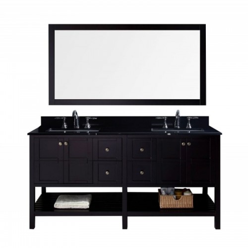 Winterfell 72" Double Bathroom Vanity in Espresso with Black Galaxy Granite Top and Square Sink with Mirror