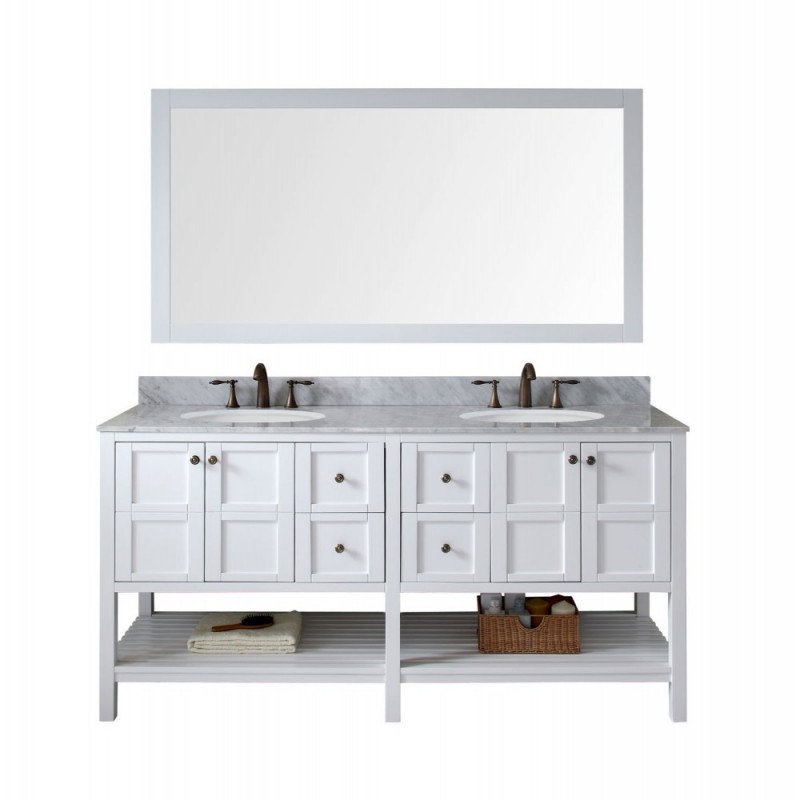 Winterfell 72" Double Bathroom Vanity in White with Marble Top and Round Sink with Mirror