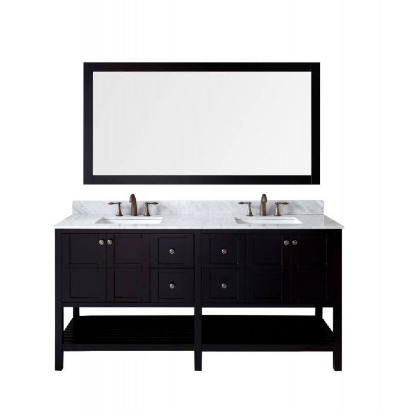Winterfell 72" Double Bathroom Vanity in Espresso with Marble Top and Square Sink with Brushed Nickel Faucet and Mirror