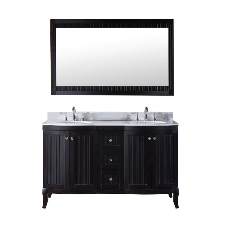 Khaleesi 60" Double Bathroom Vanity in Espresso with Marble Top and Round Sink with Polished Chrome Faucet and Mirror