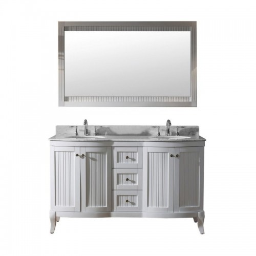 Khaleesi 60" Double Bathroom Vanity in White with Marble Top and Round Sink with Mirror