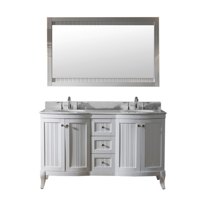 Khaleesi 60" Double Bathroom Vanity in White with Marble Top and Round Sink with Mirror