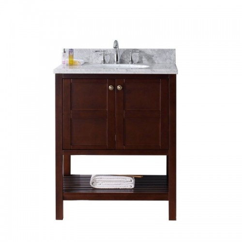 Winterfell 30" Single Bathroom Vanity in Cherry with Marble Top and Round Sink with Mirror