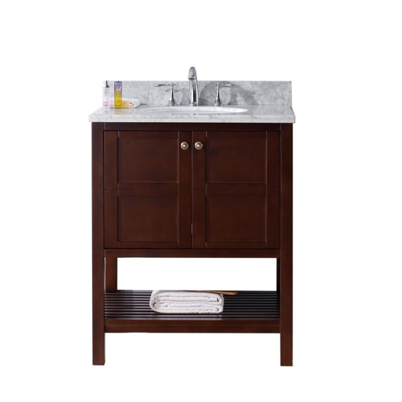 Winterfell 30" Single Bathroom Vanity in Cherry with Marble Top and Round Sink with Mirror
