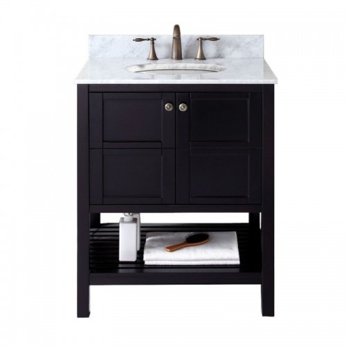 Winterfell 30" Single Bathroom Vanity in Espresso with Marble Top and Round Sink with Mirror