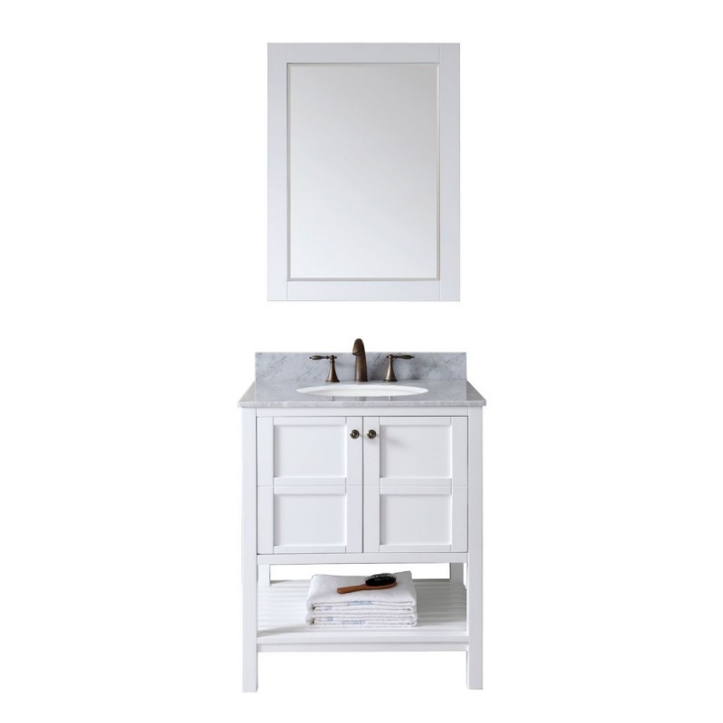 Winterfell 30" Single Bathroom Vanity in White with Marble Top and Round Sink with Mirror