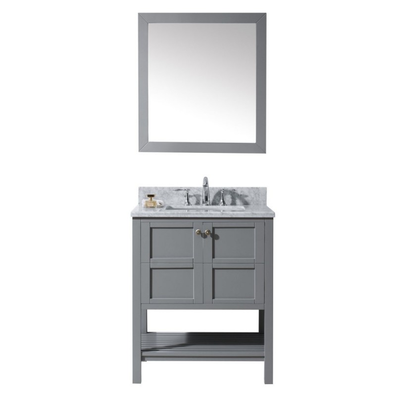Winterfell 30" Single Bathroom Vanity in Grey with Marble Top and Square Sink with Mirror