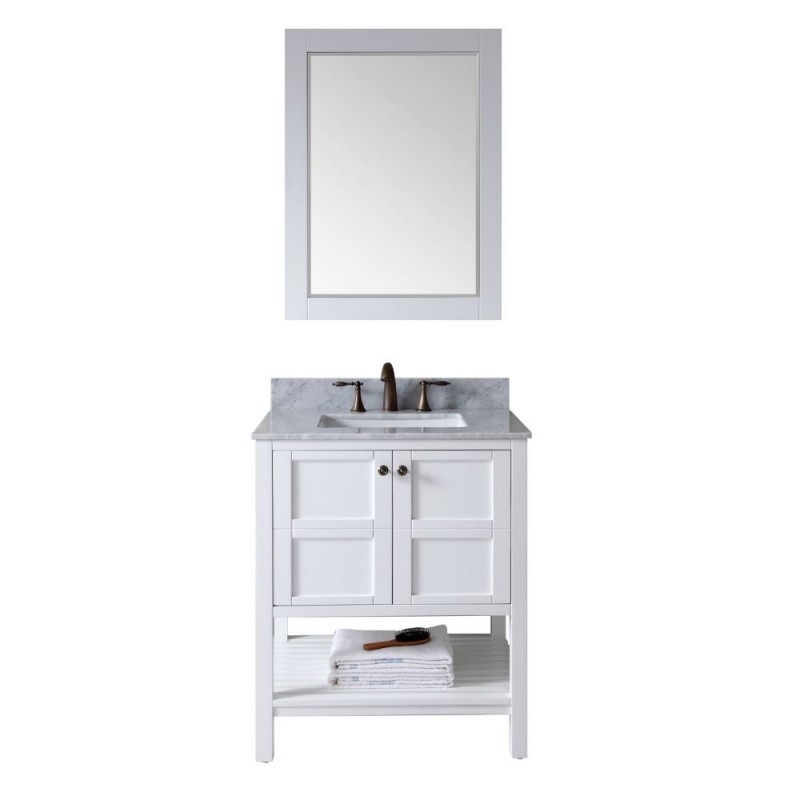 Winterfell 30" Single Bathroom Vanity in White with Marble Top and Square Sink with Mirror