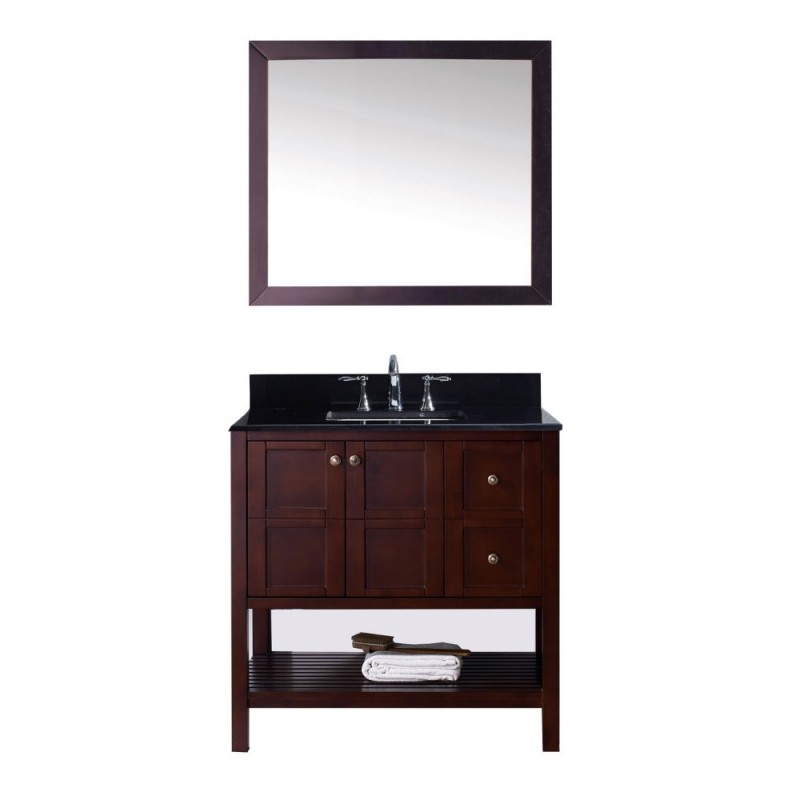 Winterfell 36" Single Bathroom Vanity in Cherry with Black Galaxy Granite Top and Square Sink with Mirror