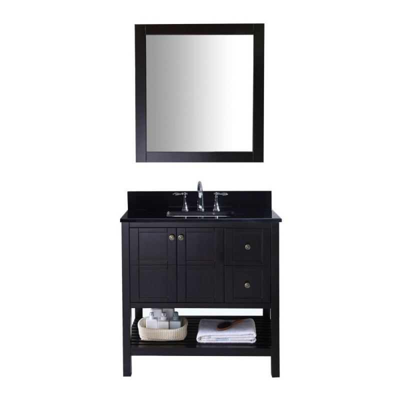 Winterfell 36" Single Bathroom Vanity in Espresso with Black Galaxy Granite Top and Square Sink with Mirror