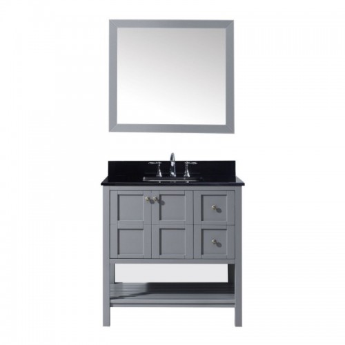 Winterfell 36" Single Bathroom Vanity in Grey with Black Galaxy Granite Top and Square Sink with Mirror