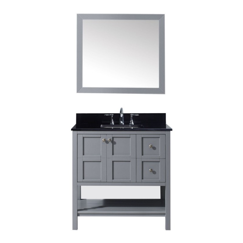 Winterfell 36" Single Bathroom Vanity in Grey with Black Galaxy Granite Top and Square Sink with Mirror