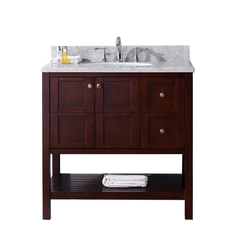 Winterfell 36" Single Bathroom Vanity in Cherry with Marble Top and Round Sink with Mirror