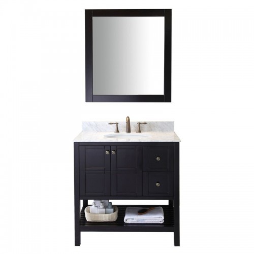 Winterfell 36" Single Bathroom Vanity in Espresso with Marble Top and Round Sink with Mirror