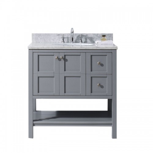 Winterfell 36" Single Bathroom Vanity in Grey with Marble Top and Round Sink with Mirror