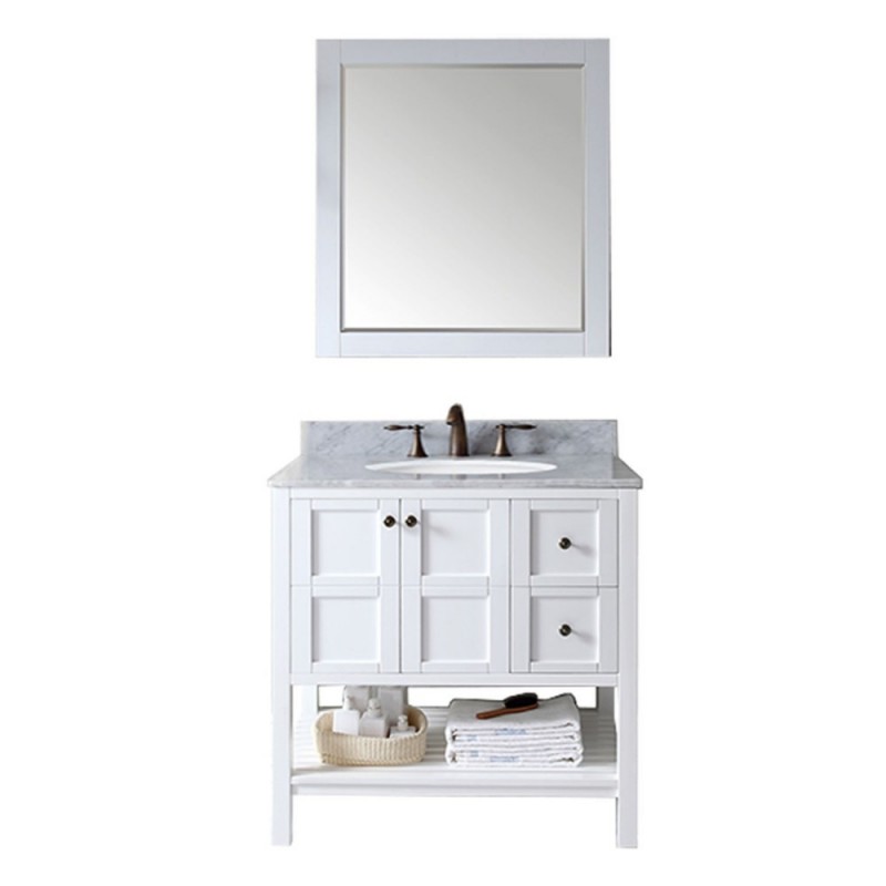 Winterfell 36" Single Bathroom Vanity in White with Marble Top and Round Sink with Mirror