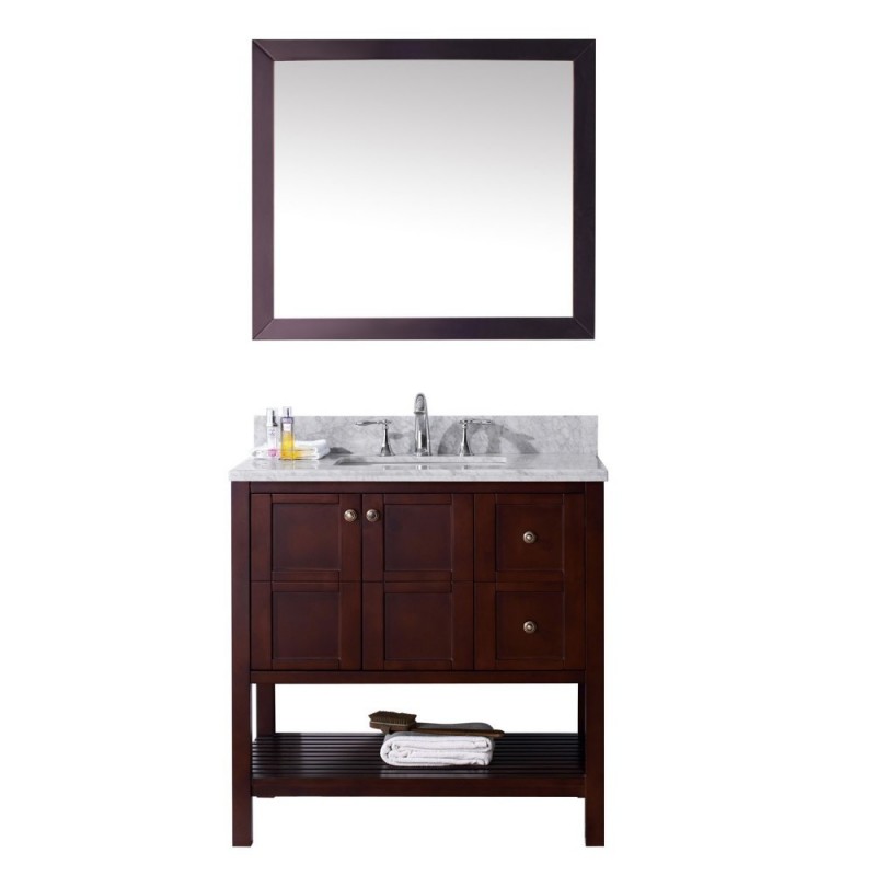Winterfell 36" Single Bathroom Vanity in Cherry with Marble Top and Square Sink with Mirror
