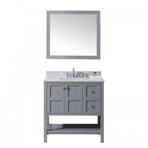 Winterfell 36" Single Bathroom Vanity in Grey with Marble Top and Square Sink with Mirror