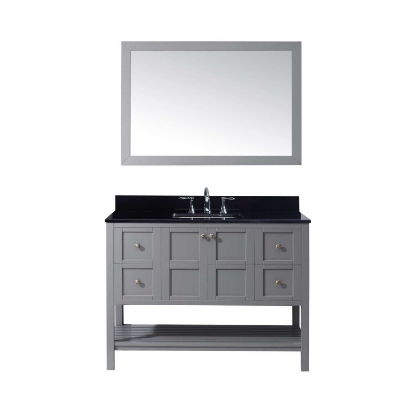 Winterfell 48" Single Bathroom Vanity in Grey with Black Galaxy Granite Top and Square Sink with Mirror