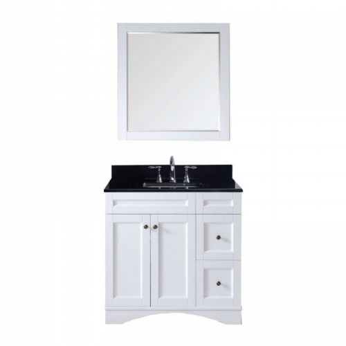 Elise 36" Single Bathroom Vanity in White with Black Galaxy Granite Top and Square Sink with Mirror