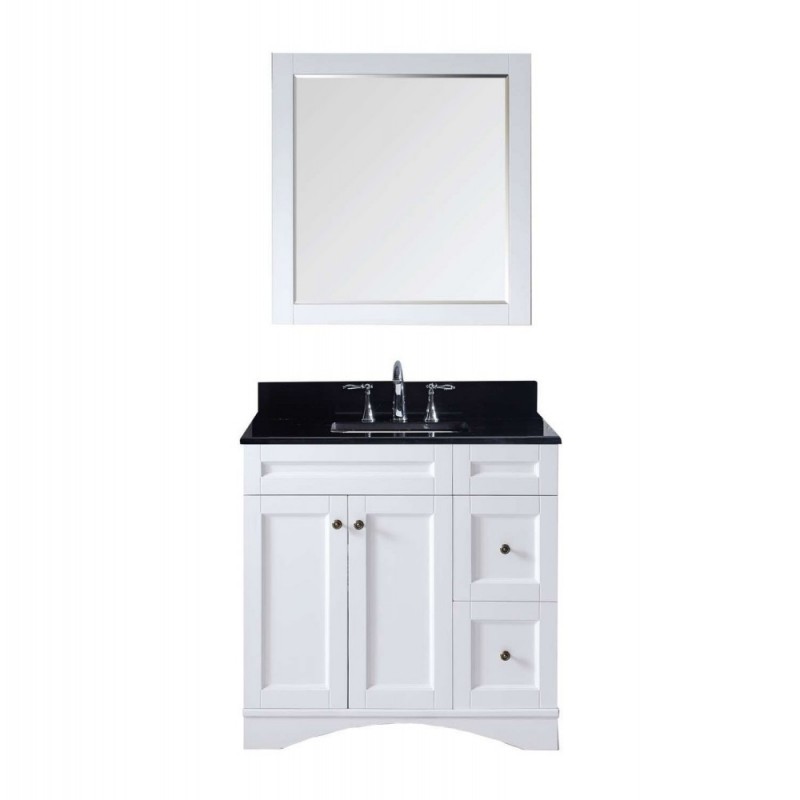 Elise 36" Single Bathroom Vanity in White with Black Galaxy Granite Top and Square Sink with Mirror