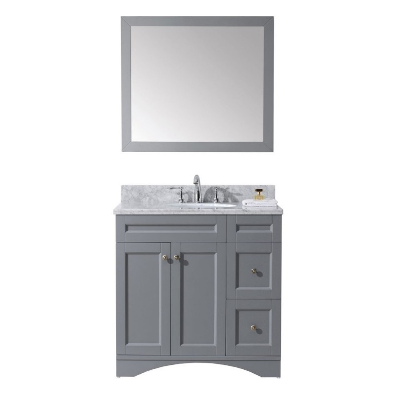 Elise 36" Single Bathroom Vanity in Grey with Marble Top and Round Sink with Mirror