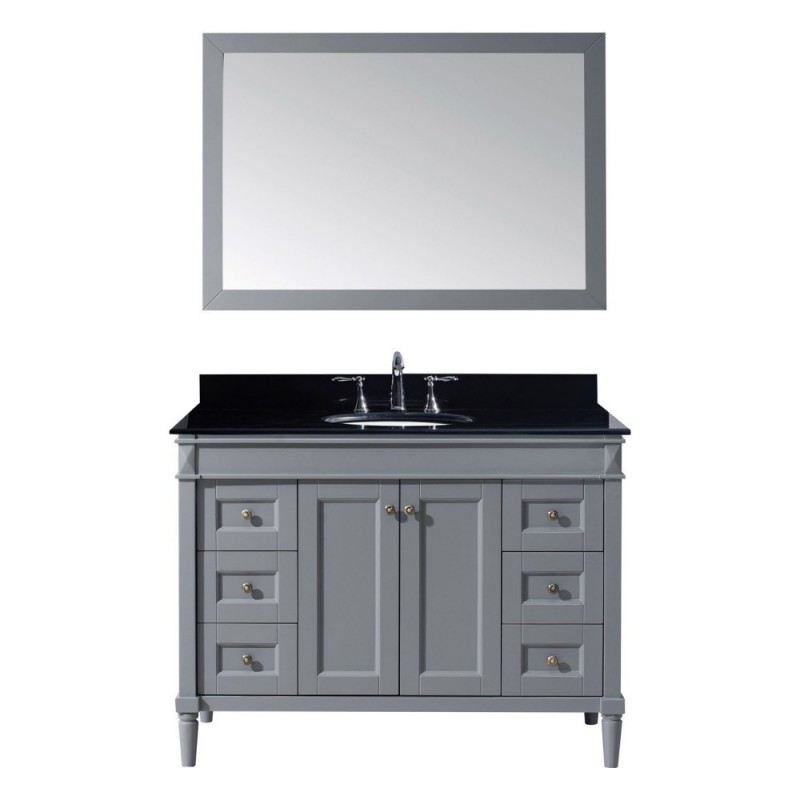 Tiffany 48" Single Bathroom Vanity in Grey with Black Galaxy Granite Top and Square Sink with Mirror