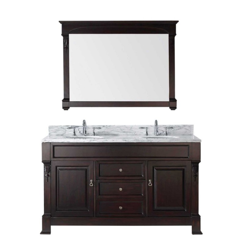 Huntshire 60" Double Bathroom Vanity in Dark Walnut with Marble Top and Round Sink with Polished Chrome Faucet and Mirror