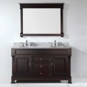 Huntshire 60" Double Bathroom Vanity in Dark Walnut with Marble Top and Round Sink with Polished Chrome Faucet and Mirror