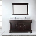 Huntshire 60" Double Bathroom Vanity in Dark Walnut with Marble Top and Round Sink with Polished Chrome Faucet and Mirror