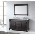 Huntshire 60" Double Bathroom Vanity in Dark Walnut with Marble Top and Round Sink with Polished Chrome Faucet and Mirror