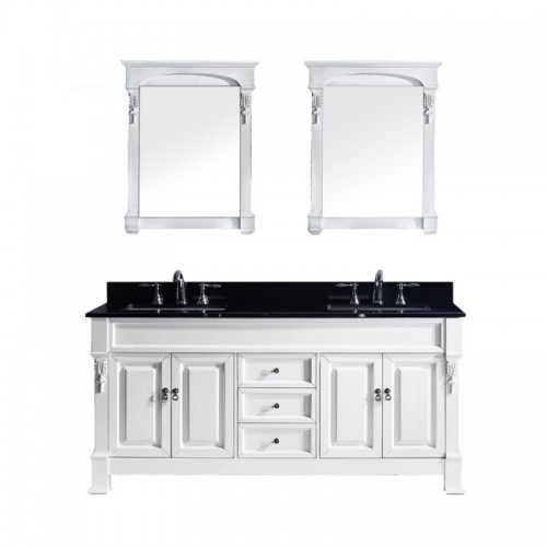 Huntshire 72" Double Bathroom Vanity in White with Black Galaxy Granite Top and Square Sink with Mirrors