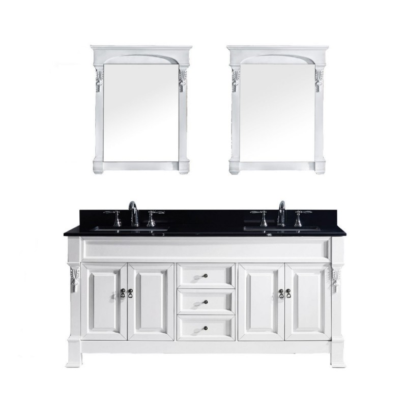 Huntshire 72" Double Bathroom Vanity in White with Black Galaxy Granite Top and Square Sink with Mirrors