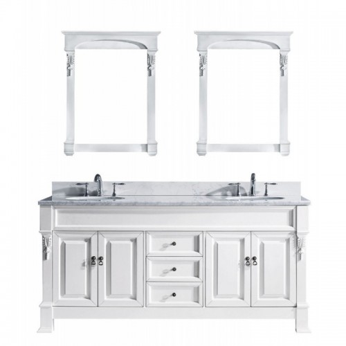 Huntshire 72" Double Bathroom Vanity in White with Marble Top and Round Sink with Mirrors