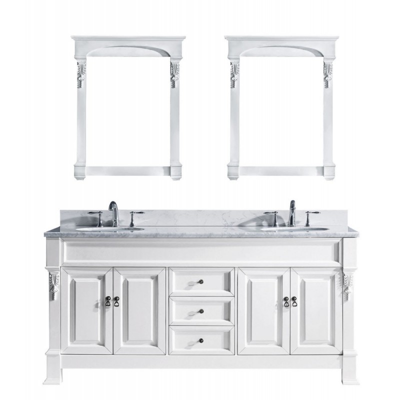 Huntshire 72" Double Bathroom Vanity in White with Marble Top and Round Sink with Mirrors