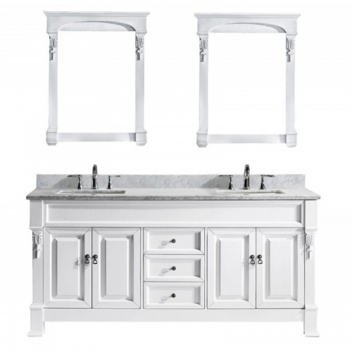 Huntshire 72" Double Bathroom Vanity in White with Marble Top and Square Sink with Mirrors