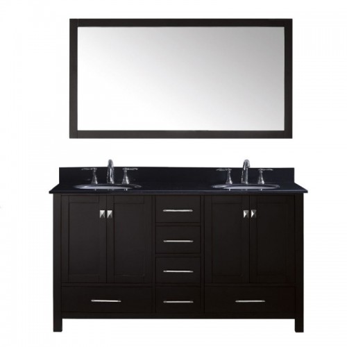 Caroline Avenue 60" Double Bathroom Vanity in Espresso with Black Galaxy Granite Top and Round Sink with Mirror