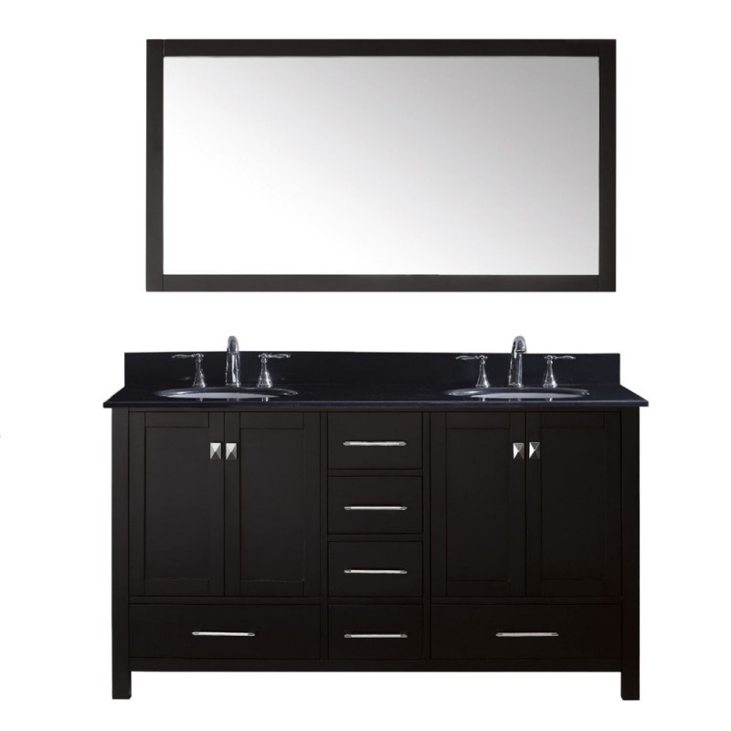 Caroline Avenue 60" Double Bathroom Vanity in Espresso with Black Galaxy Granite Top and Round Sink with Mirror