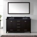 Caroline Avenue 60" Double Bathroom Vanity in Espresso with Black Galaxy Granite Top and Round Sink with Polished Chrome Faucet and Mirror