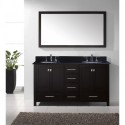 Caroline Avenue 60" Double Bathroom Vanity in Espresso with Black Galaxy Granite Top and Round Sink with Polished Chrome Faucet and Mirror