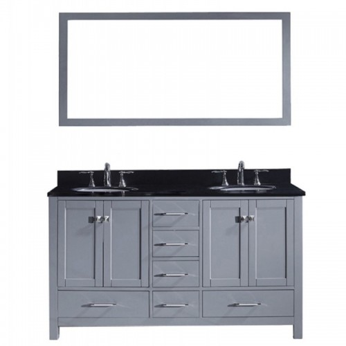 Caroline Avenue 60" Double Bathroom Vanity in Grey with Black Galaxy Granite Top and Round Sink with Mirror