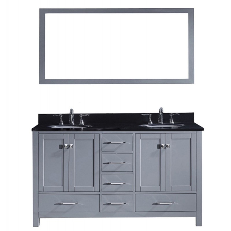 Caroline Avenue 60" Double Bathroom Vanity in Grey with Black Galaxy Granite Top and Round Sink with Brushed Nickel Faucet and Mirror